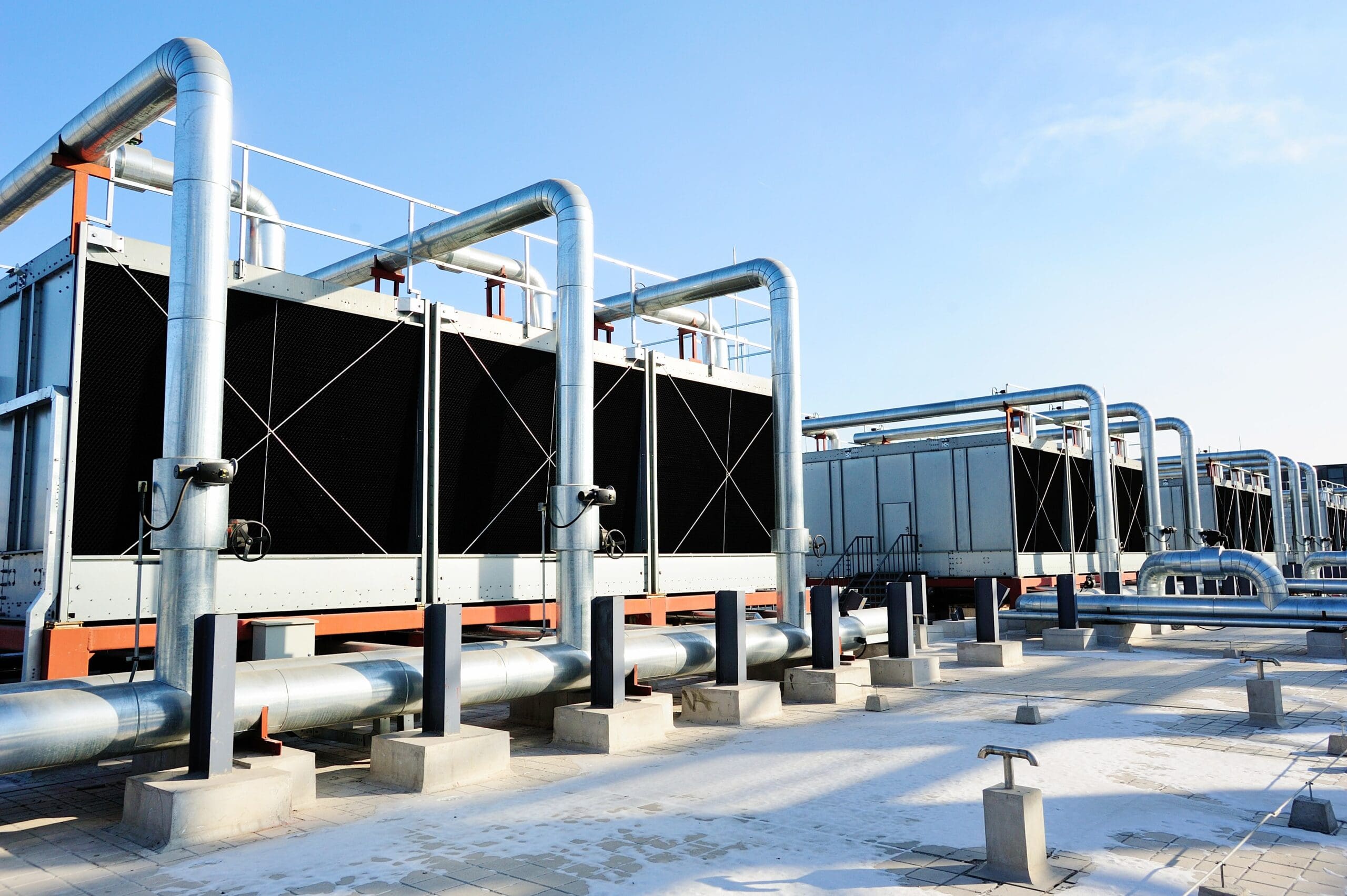 Sets of cooling towers in data centre building.